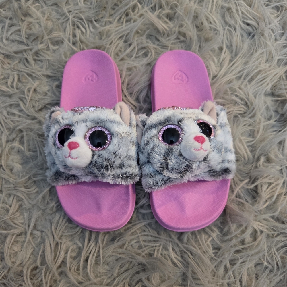 Ty Pink and Gray Cat Kids Slippers